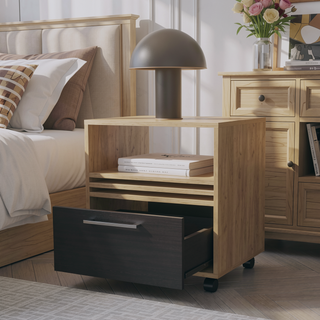 Sunvega Natural Oak Nightstand with Drawer and Open Storage on Wheels