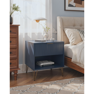 Sunvega Modern Glam Nightstand with Gold Metal Legs and Textured Drawer