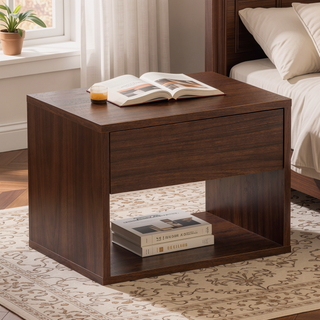 Sunvega Walnut Modern Minimalist Bedside Table Set with Storage Drawer