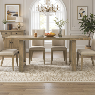 Sunvega Grey Wash Solid Mango Wood Farmhouse Dining Table with Trestle Base