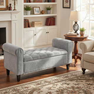 Sunvega Upholstered Tufted Storage Ottoman Bench with Rolled Arms for Bedroom