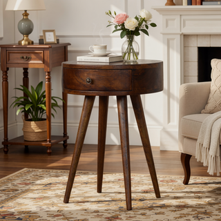 Sunvega Nordic Chestnut Circular Nightstand with 1-Drawer and Clean Lines