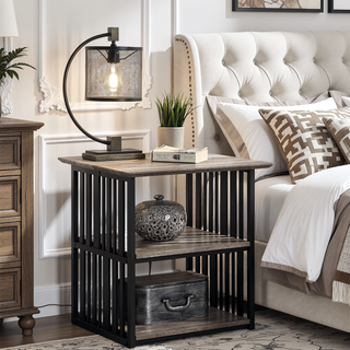 Sunvega Antique Oak and Black 3-Shelf Nightstand with Slatted Metal Frame