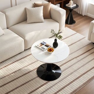 Sunvega Round White Pedestal Side Table with Marble Effect Top for Living Room