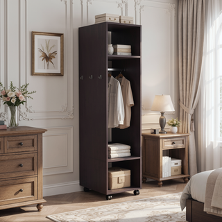 Sunvega Freestanding Wardrobe with Mirror, Shelves, Hanging Rod and Casters for Bedroom