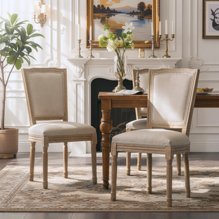 Sunvega French Style Solid Wood Frame Linen Fabric Oval Back Dining Chairs Set of 2