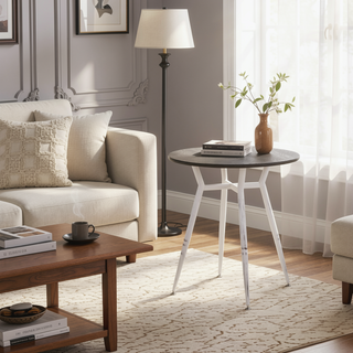 Sunvega Clara Industrial Round Dinette Table with Vintage White Metal and Espresso Wood Top