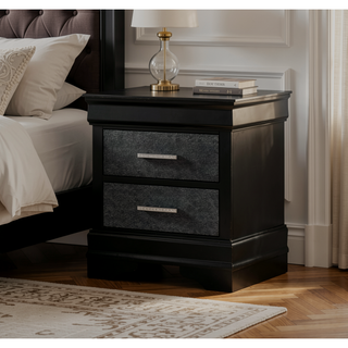 Sunvega Modern Glam Black Finish Two Drawer Nightstand with Crystal-Like Button Tufted
