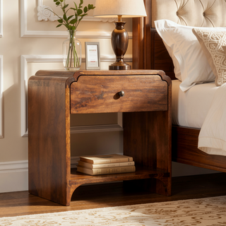 Sunvega Solid Mango Wood Chestnut Nightstand with Drawer and Shelf