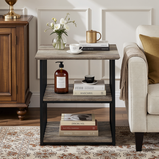 Sunvega Industrial Antique Oak & Black Finish Nightstand with 2 Open Compartments