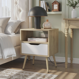 Sunvega Natural Oak and White Nightstand with Open Storage Shelf for Small Spaces