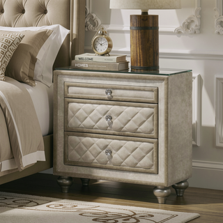 Sunvega Beige 2-Drawer Nightstand with Tufted Velvet-Lined Drawers and Crystal Knobs