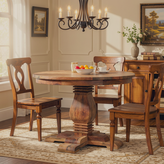 Sunvega Solid Wood Valentina Round Dining Table with Sculpted Pedestal Base