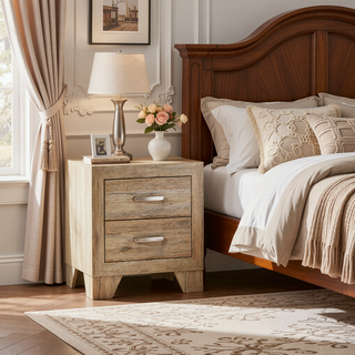 Sunvega Natural Wood Nightstand with 2 Dovetail Drawers and Metal Handle