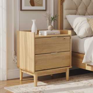 Sunvega Minimalist Solid Pine Wood Nightstand with 2 Smooth Gliding Drawers