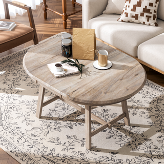 Sunvega Retro Round Extendable Dining Table for Dining Room with Flip Leaves