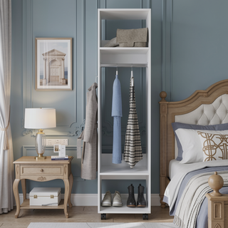 Sunvega Compact White Wardrobe with Integrated Mirror and Ample Shelving for Bedroom