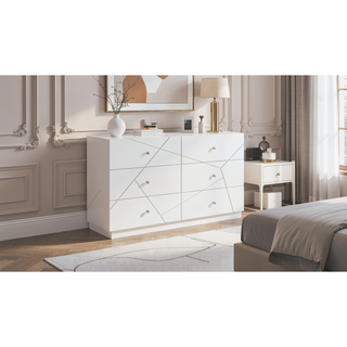 Sunvega White Lacquer Dresser with Six Smooth-Glide Drawers and Marble Accents