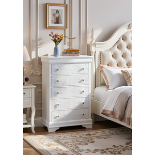 Sunvega Modern Metallic Gray Wood 5-Drawer Chest with Textured Surface and Crystal Knobs