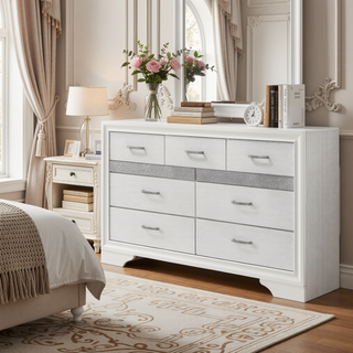 Sunvega Annie White 9-Drawer Dresser with Glittery Front Panel and Hidden Jewelry Drawer