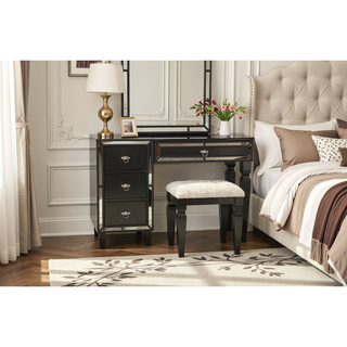 Sunvega Traditional Cherry Wood Vanity Set with Tufted Stool and Storage Drawers
