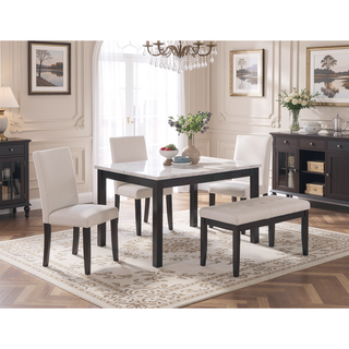 Sunvega 5 Piece Dining Set with Upholstered Chairs Bench and Faux Marble Tabletop