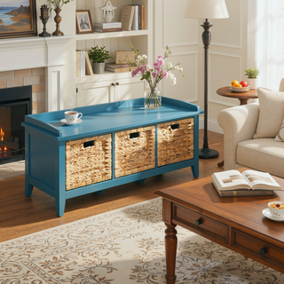 Sunvega Beige and Teal Storage Bench with Three Spacious Rattan Drawer Baskets