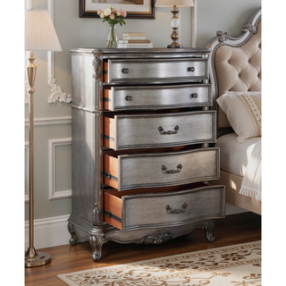Sunvega Antique Platinum Finish Nightstand with Intricate Details for Bedroom