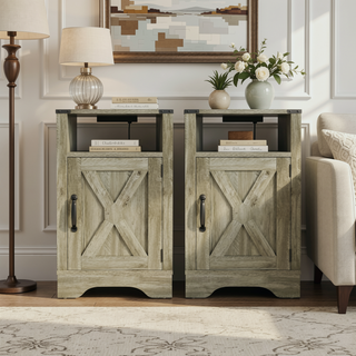 Sunvega White & Oak Farmhouse Nightstand with Electrical Outlets Charging Station and Storage