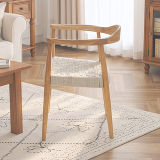 Sunvega Mid-Century Modern Club Chair with Ash Wood Frame and Flat Rope Weave