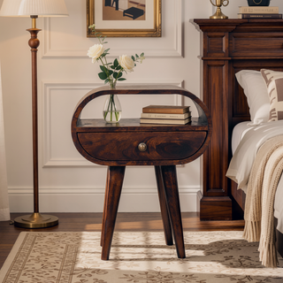 Sunvega Round Solid Mango Wood Bedside Table with Drawer and Open Slot
