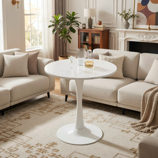 Sunvega Round White Pedestal Side Table with Marble Effect Top for Living Room