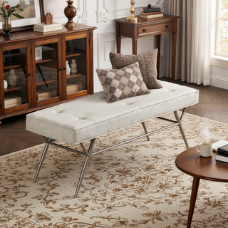 Sunvega Beige Tufted Upholstered Bench with Plush Cushioned Seat and Champagne Metal Legs