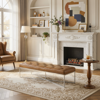 Sunvega Harper Tan Leather Bench with Padded Seat and Teak Wood Frame