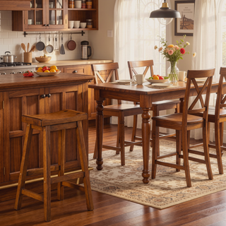 Sunvega Oak Brown Wooden 29" Counter Height Stool with Saddle Seat
