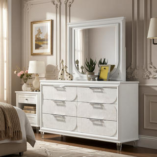 Sunvega Contemporary Glam Pearl White Nightstand with Embossed Panels and Acrylic Handles