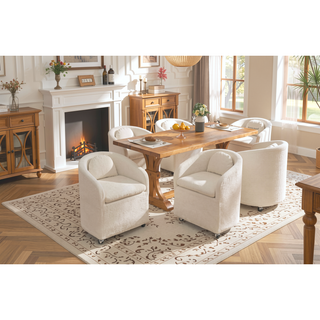 Sunvega Chenille Fabric Dining Arm Chair with Upholstered Back Cushion and Universal Wheels