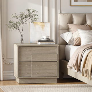 Sunvega Modern Whitewashed Oak Nightstand with Two Push Open Drawers for Bedroom