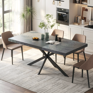 Sunvega Antique Wood Top Rectangular Stretch Dining Table with Storage Box and Black Iron Base