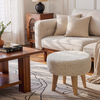 Sunvega Solid Mango Wood Legs with Cream Boucle Upholstered Petite Footstool