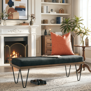 Sunvega Dark Blue and Black Upholstered Bench with Retro Hairpin Legs for Entryways
