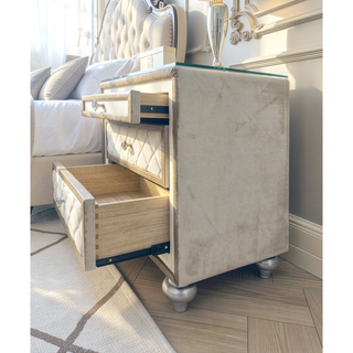 Sunvega Beige 2-Drawer Nightstand with Tufted Velvet-Lined Drawers and Crystal Knobs