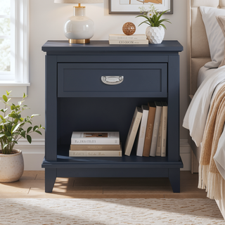 Sunvega Navy Blue Finish Nightstand with Storage Drawer and Lower Shelf