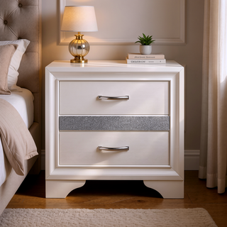 Sunvega White and Silver Glitter Nightstand with Hidden Felt-Lined Jewelry Drawer