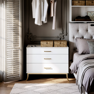 Sunvega 3-Drawer Dresser with Gold Bar Pull Handles and Curved Metal Legs