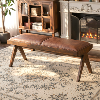 Sunvega Mid Century Modern Tan Leather Upholstered Bench with Solid Wood Frame