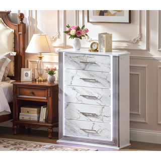 Sunvega Modern White and Gold Finish Five-Drawer Chest with LED Lights