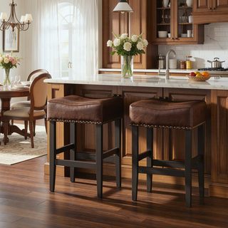 Sunvega Brown Bonded Leather Saddle Seat Backless Counter Stools Set of 2
