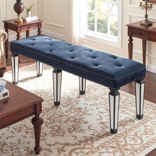 Sunvega Dark Navy Velvet Tufted Bench with Padded Apron and Mirrored Legs