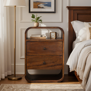 Sunvega Solid Mango Wood Chestnut Nightstand with 2 Drawers and Open Slots